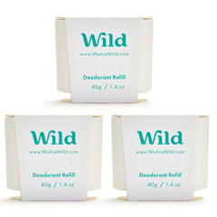 Wild refillable deodorant pack front view highlighting Fresh Cotton & Sea Salt scent for daily freshness