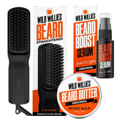 Wild Willies Beard Care Kit heated straightener demonstrates daily frizz-free beard styling