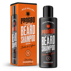 Wild Willies beard shampoo bottle highlights biotin and caffeine for a stronger-looking beard