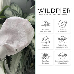 Wildpier glove white close-up fabric weave illustrates durable, natural exfoliation suitable for skin smoothing.