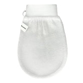 Wildpier glove white front view highlights textured fabric for gentle yet effective exfoliation.