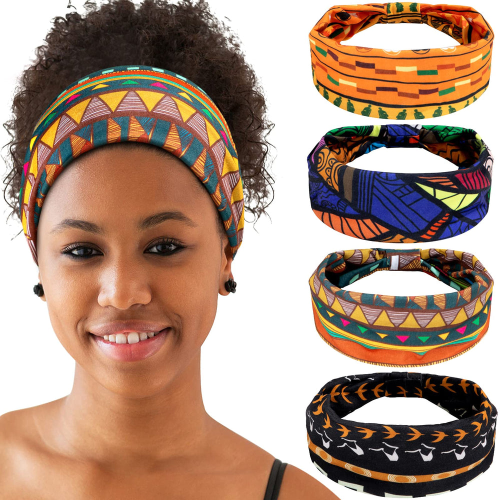 WILLBOND four-piece african headbands set with bold patterns for versatile fashion styling.