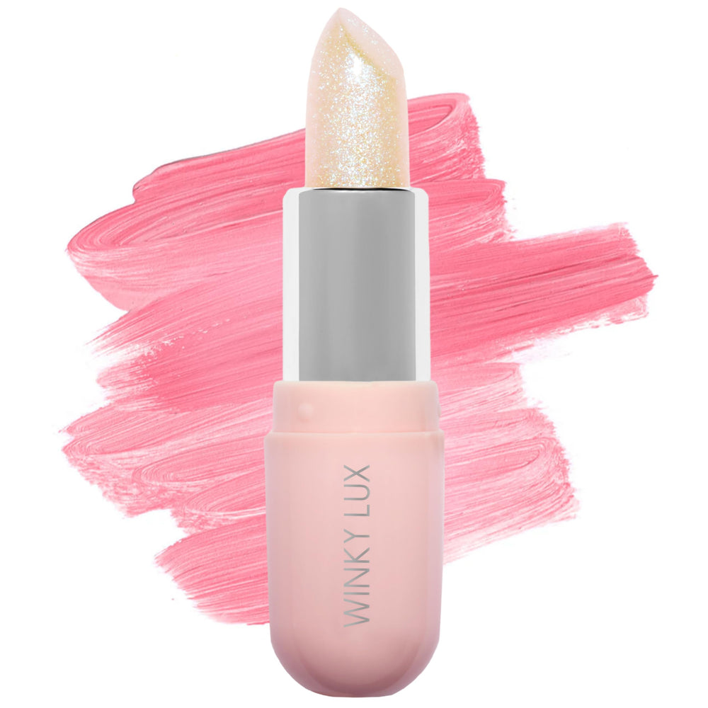 Winky Lux Unicorn Glimmer Balm pink flush shows a flattering color-change for daily hydration and shine.
