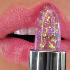 Winky Lux Rainbow Glitter Confetti Balm lip swatch demonstrates a personalized pink shade