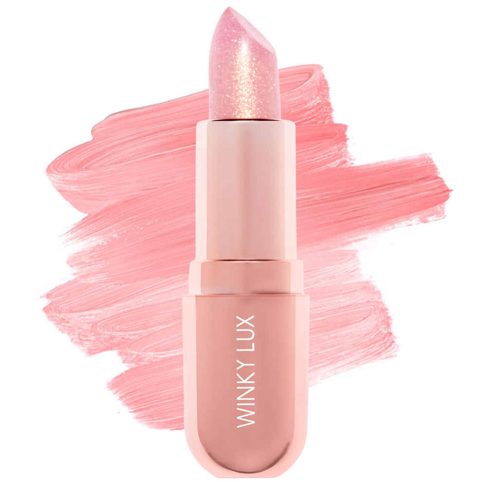 Winky Lux Rosé Glimmer Balm packaging on display showing clean, playful branding.