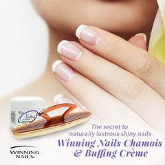 Winning Nails Buffing Cream texture image emphasizes gentle buffing for ridge reduction.
