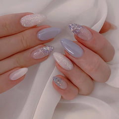 WLGDLH light-blue press-on nails with glitter almond finish for a chic manicure