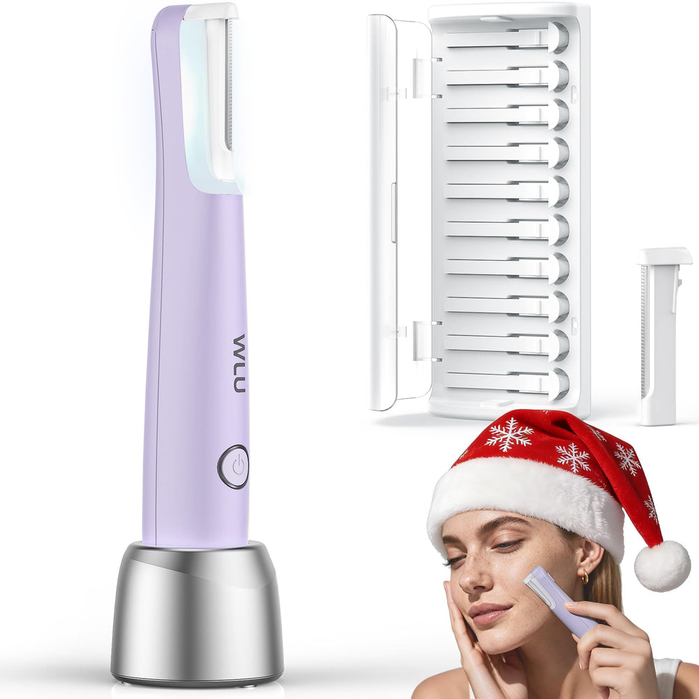 WLU Dermaplane Razor close-up showing precise blades for gentle peach fuzz removal and smoother makeup prep.