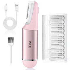 WLU Dermaplane Razor pink closeup highlighting ergonomic handle for gentle at-home dermaplaning.