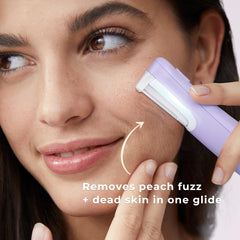 WLU Dermaplane tool demonstrates sonic movements for effective exfoliation and fuzz removal.