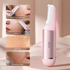 WLU Sonic Dermaplaning Tool with LED light aiding precise peach fuzz removal.
