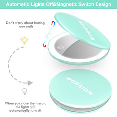 WOBSION LED magnifying mirror close-up highlighting 26 LEDs for bright detailed viewing.