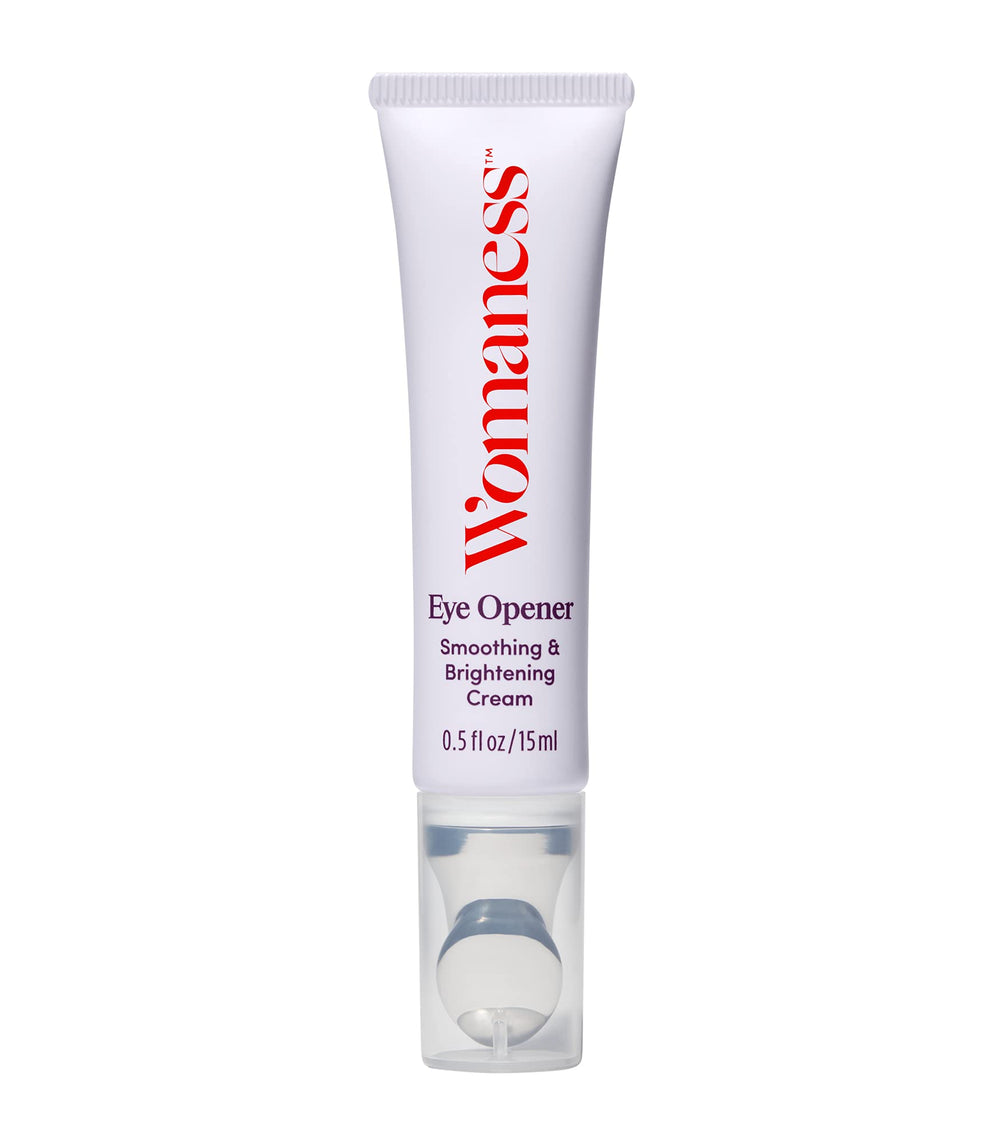 Womaness Eye Opener tube application delivering refreshing under-eye hydration for delicate skin.