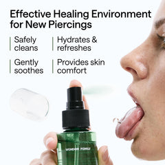 WONDER FAMILY aftercare spray shown for nose piercing use, versatile for oral and body piercings.