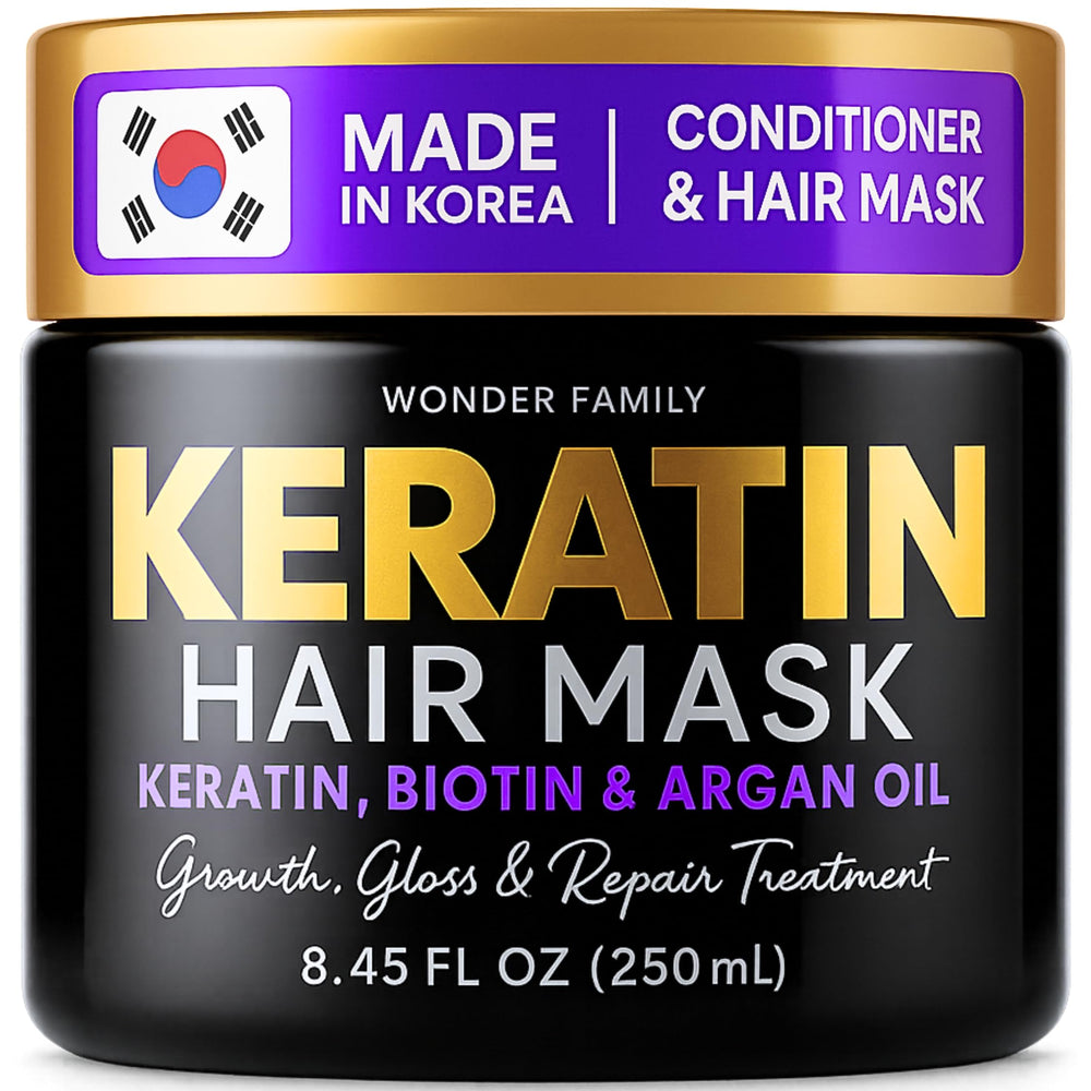 Wonder Family Keratin Mask bottle shows at-home salon repair for damaged hair.