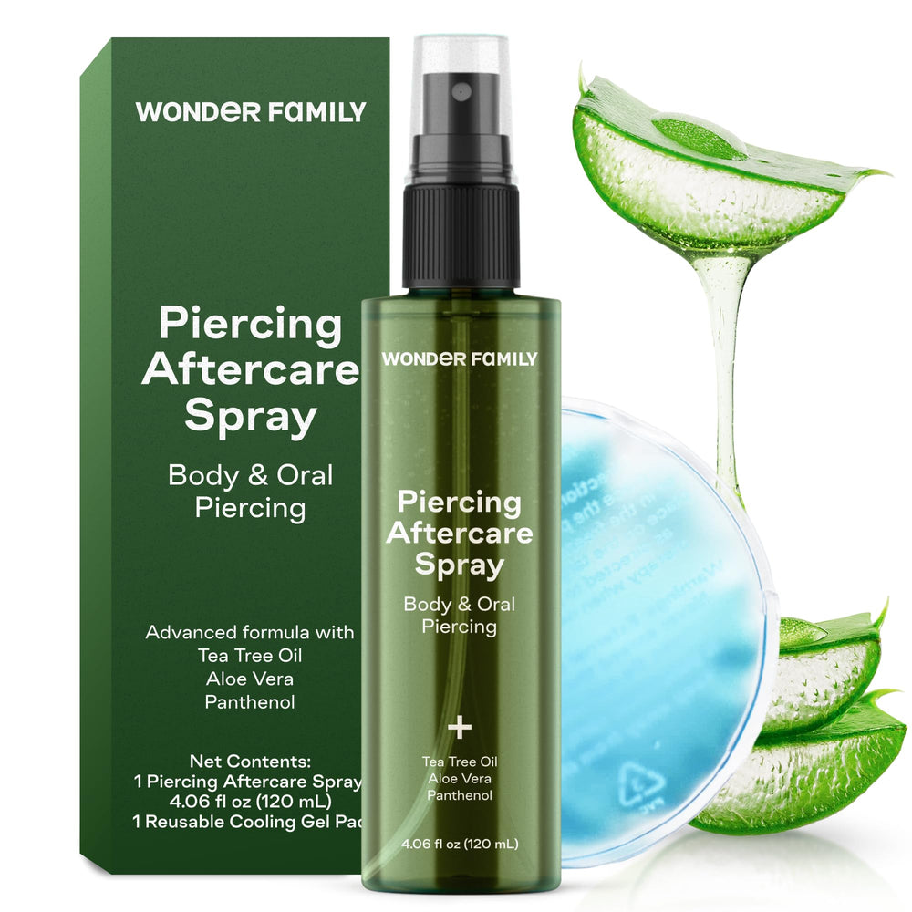 WONDER FAMILY piercing aftercare spray bottle with cooling pads for soothing cleansing.