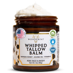 Wonderfat packaging for grass-fed whipped tallow balm emphasizes unscented, clean formula.