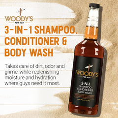 Woody's 3-in-1 bottle close-up highlighting rich lather for convenient grooming.