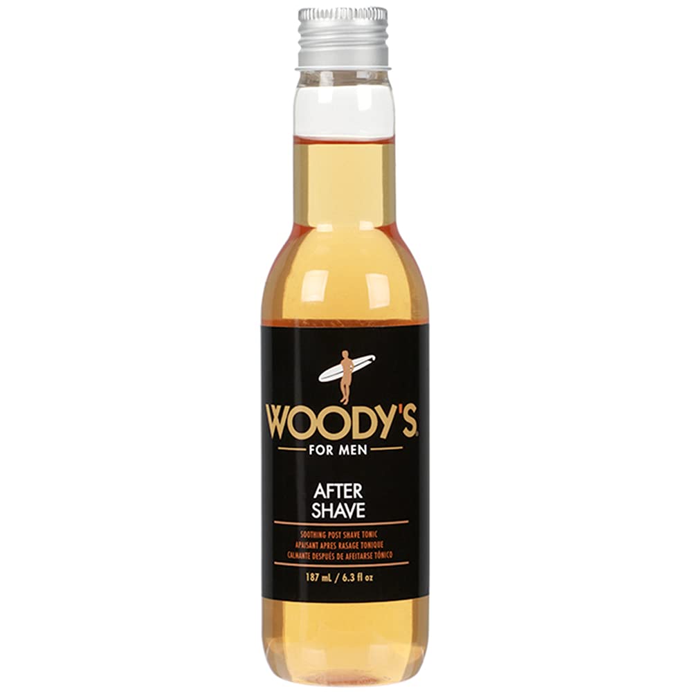 Woody's Aftershave Tonic bottle close-up for soothing post-shave relief.