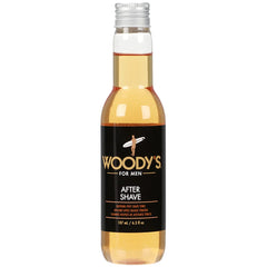 Woody's Aftershave Tonic bottle close-up for soothing post-shave relief.