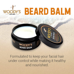 Woody's beard balm jar closeup – natural beeswax provides flexible hold without stiffness.