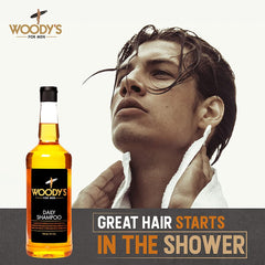 Woody's Daily Shampoo lather demonstrates gentle, sulfate-free cleansing.
