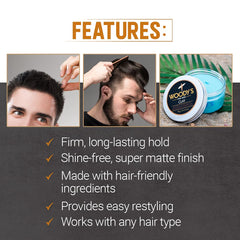 Woody's Hair Clay easy-apply tub enables smooth, hassle-free styling.