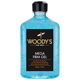 Woody's Mega Firm Hair Gel bottle and cap illustrate strong hold for versatile styling.