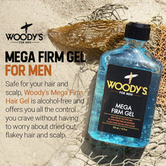 Woody's Mega Firm Hair Gel strong-hold side-part showcases durable, sleek styling from morning to evening.