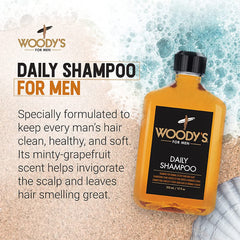 Woody's Men's Daily Shampoo rich lather emphasizes scalp-soothing ginger for comfort.