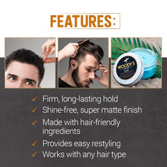 Woody's Premium Hair Clay jar close-up highlights all-hair-types adaptability.