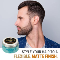 Woody's Premium Hair Clay palm application shows sculpted texture without stiffness.