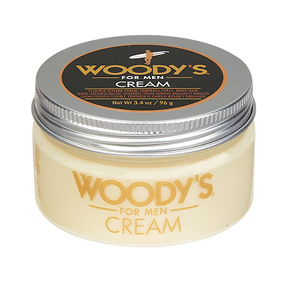 Woody's Styling Cream jar closeup showing a mild hold for curly and wavy hair