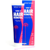 WOOWOO Tame It cream bottle closeup demonstrates in-shower use for silky skin.