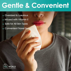 World Amenities makeup wipes bulk-count display emphasizes value and convenience for hospitality supplies