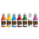 World Famous Tattoo Ink 7-color set travel-ready labels display compact kit for conventions.