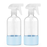 Worldgsb 2Pack glass spray bottles blue side view; clear glass shows liquid levels for easy monitoring.
