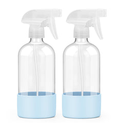 Worldgsb 2Pack glass spray bottles blue side view; clear glass shows liquid levels for easy monitoring.