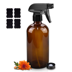 Worldgsb amber glass spray bottle with labels for organized cleaning supplies.
