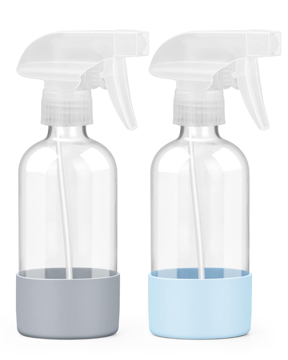 Worldgsb glass spray bottle 8oz with blue-gray silicone sleeve ideal for home cleaning.
