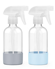 Worldgsb glass spray bottle 8oz with blue-gray silicone sleeve ideal for home cleaning.