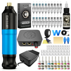 Wormhole Tattoo WTK093 blue front view shows portable beginner kit for home practice