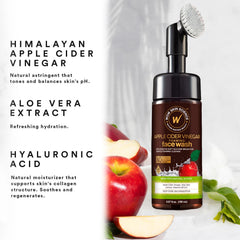 WOW Skin Science apple cider vinegar foam face wash bottle highlights rich foaming texture for cleansing.
