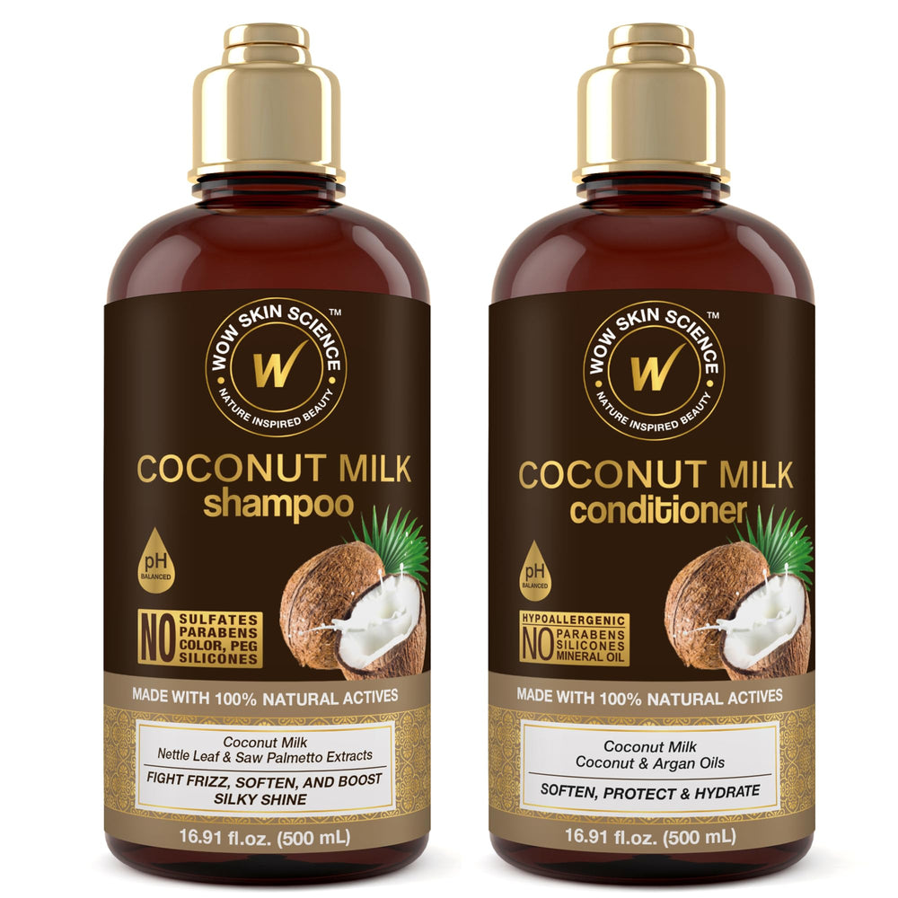 WOW Skin Science Coconut Milk Shampoo bottle shows gentle cleansing and hydration