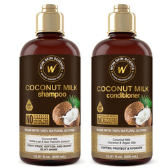 WOW Skin Science Coconut Milk Shampoo bottle shows gentle cleansing and hydration