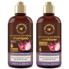 WOW Skin Science red onion black seed shampoo bottle front ideal for color-treated hair.