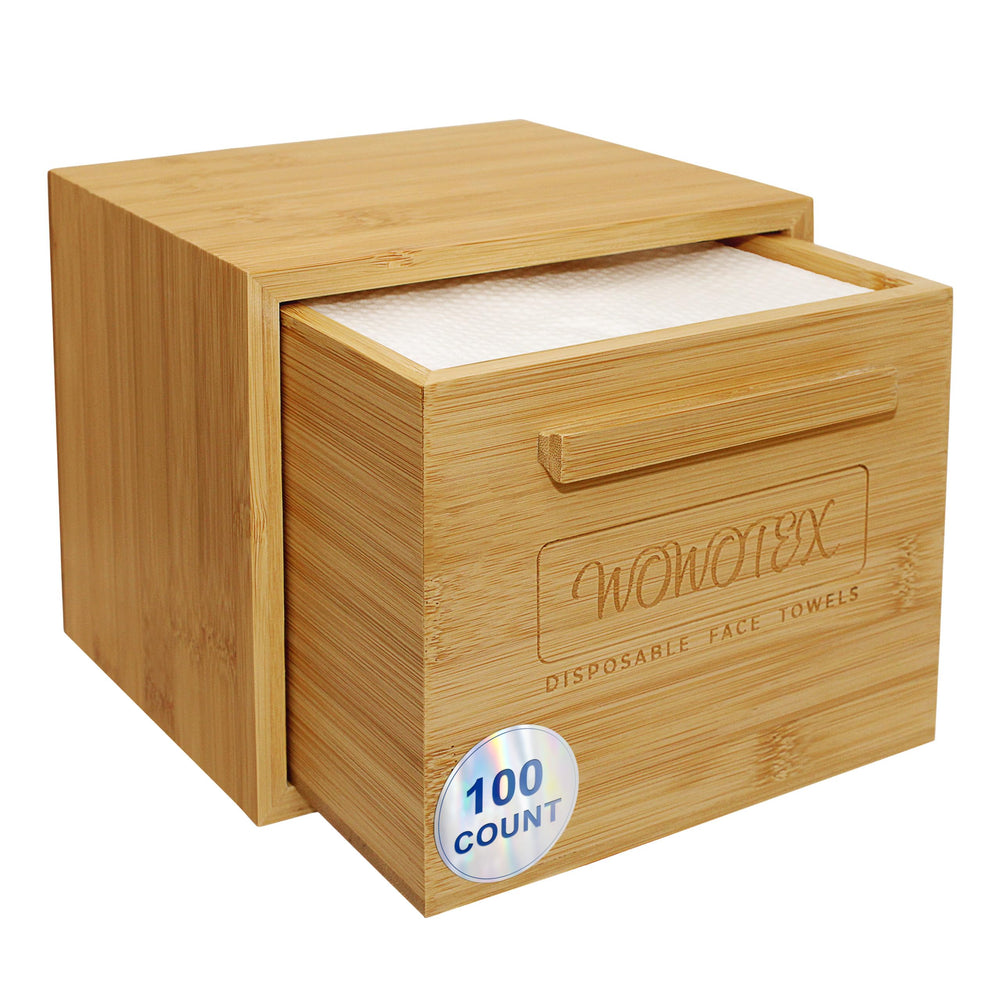 WOWOTEX Luxe bamboo box towel holder with towels for convenient daily cleansing.