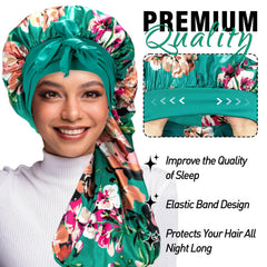 WOZUTUNT silk bonnet with stretchy tie band demonstrates secure fit for all night wear