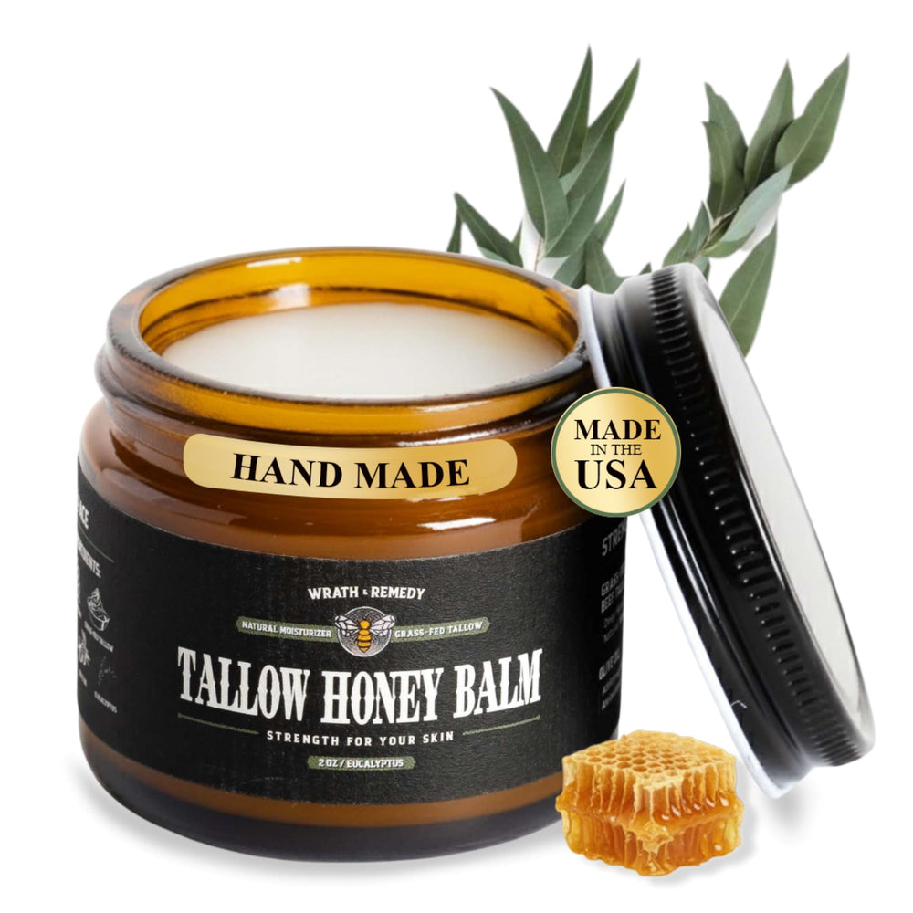 Wrath & Remedy beef tallow 2oz eucalyptus jar close-up for deep hydration
