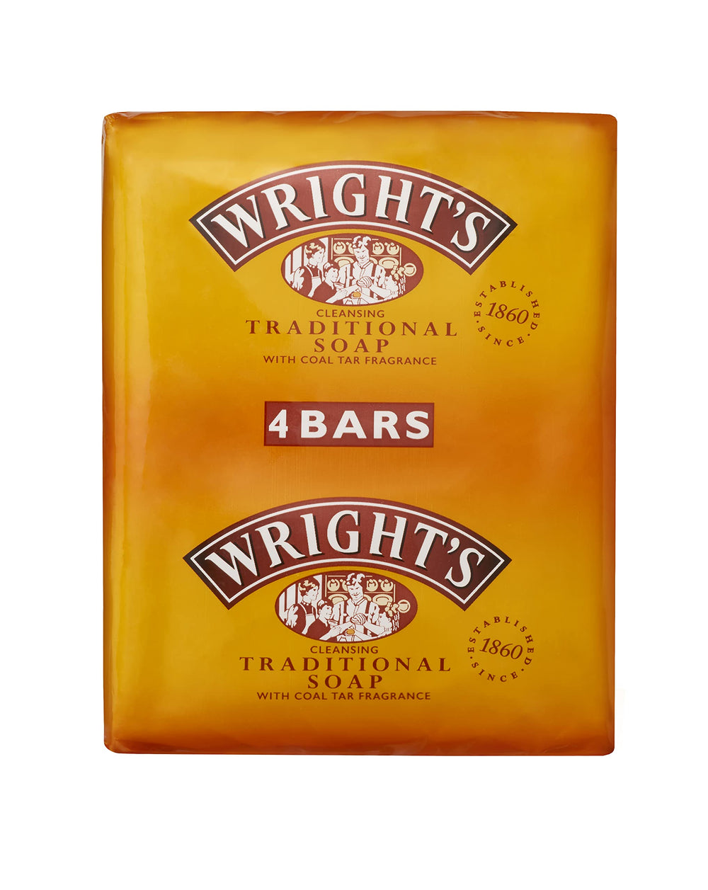 Wright's coal tar soap four-pack, front view for daily cleansing and refreshing scent